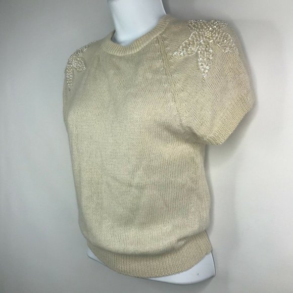 Vintage 80s The Italian Mob Floral Beaded Ivory Fuzzy Angora Blend Sweater - Picture 7 of 9